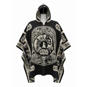 Star Wars Hooded Poncho Woven Knit Wrap Darth Vader Boba Fett Black Cream Fringe